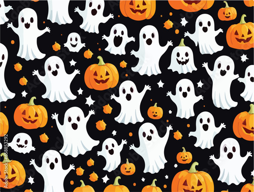Cute halloween ghosts and pumpkins repeating pattern in vestor illustration. Pumpkin Specter Serenade