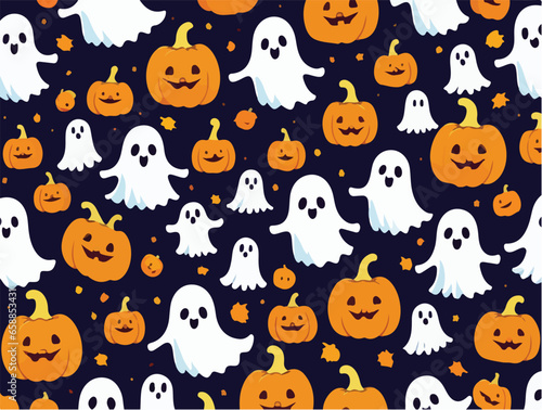 Cute halloween ghosts and pumpkins repeating pattern in vestor illustration. Pumpkin Parade with Spirits