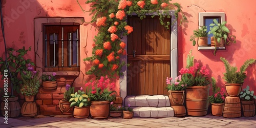 in front of the door of a house with a facade full of pots with flowers and a large wooden door, generative AI