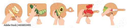 Set of hands cutting fruits and vegetables on wooden boards against white background, top view