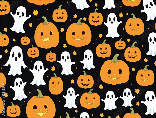 Cute halloween ghosts and pumpkins repeating pattern in vestor illustration. Ghosts in the Pumpkin Patch