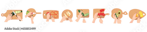 Set of hands cutting fruits and vegetables on wooden boards against white background, top view