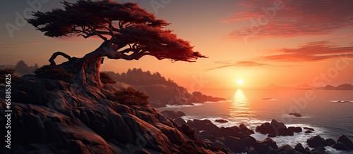 Zen is a tree on a cliff with a sea sunset With copyspace for text