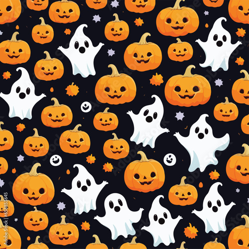 Cute halloween ghosts and pumpkins repeating pattern in vestor illustration. Pumpkin Patch Phantoms in Flight