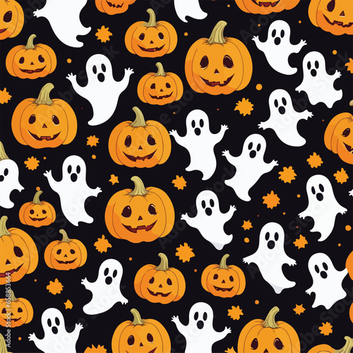 Cute halloween ghosts and pumpkins repeating pattern in vestor illustration. Ghostly Gourds in the Mist