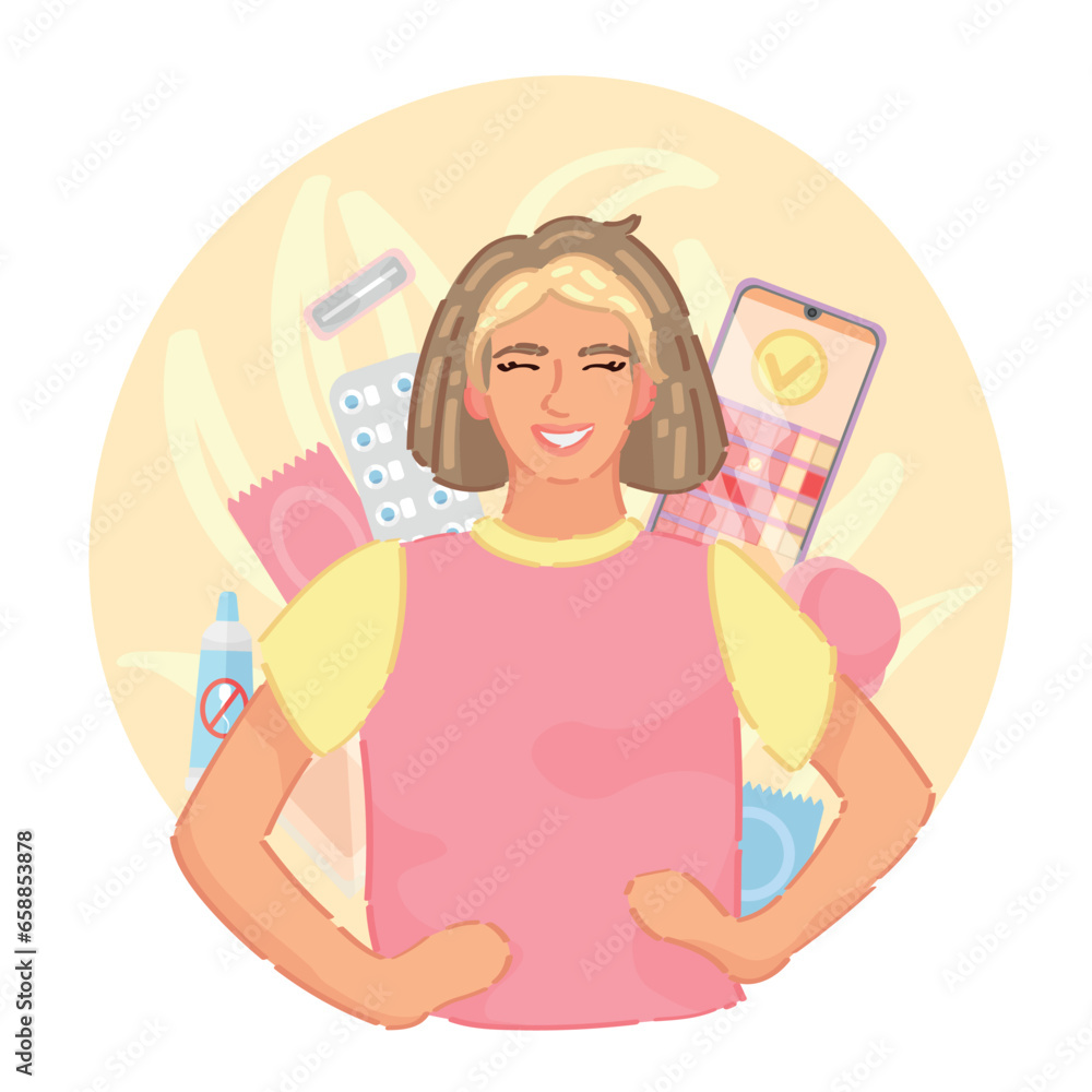 Young woman with contraceptive methods on white background Young woman with contraceptive methods on white background