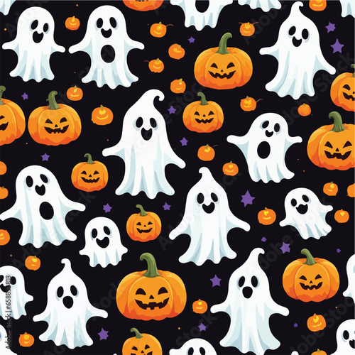 Cute halloween ghosts and pumpkins repeating pattern in vestor illustration. Pumpkin Poltergeists in Flight