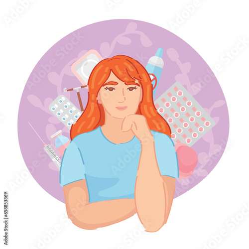 Young woman with contraceptive methods on white background