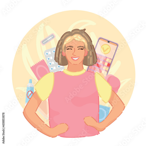 Young woman with contraceptive methods on white background