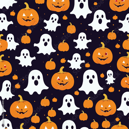 Cute halloween ghosts and pumpkins repeating pattern in vestor illustration. Pumpkin Patch Phantasmagoria
