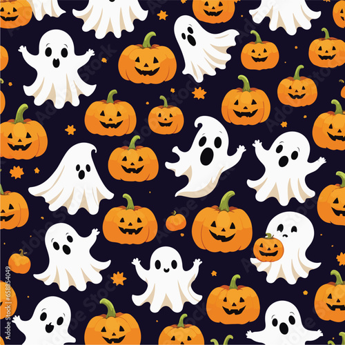 Cute halloween ghosts and pumpkins repeating pattern in vestor illustration. Ghostly Halloween Night