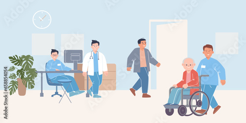 Hospital scene lobby receptionist patient waiting in corridor illustration for doctor clinic for health care treatment