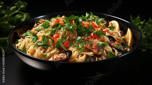 A spaghetti seafood medley featuring a combination UHD wallpaper Stock Photographic Image