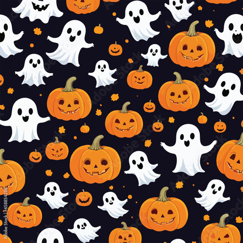 Cute halloween ghosts and pumpkins repeating pattern in vestor illustration. Pumpkin Pals in the Mist
