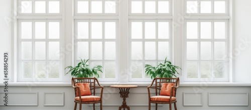 Classic furniture in a bright bay window on a tiled floor With copyspace for text