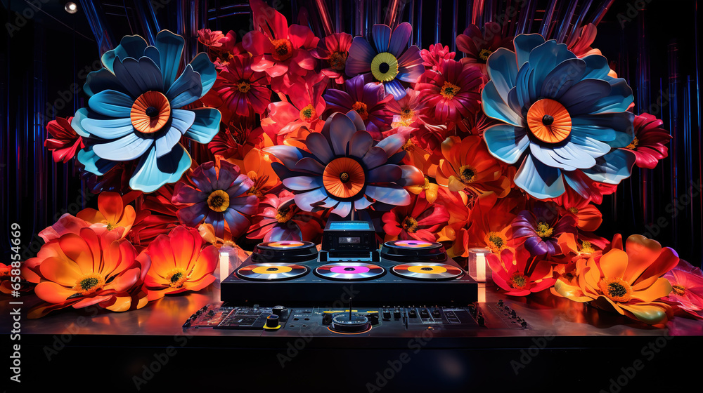 Vibrant DJ Show on a Gigantic Flower Stage with Vinyl Records, Colorful Performance, and Giant Speaker Lights Up the Party! - obrazy, fototapety, plakaty 