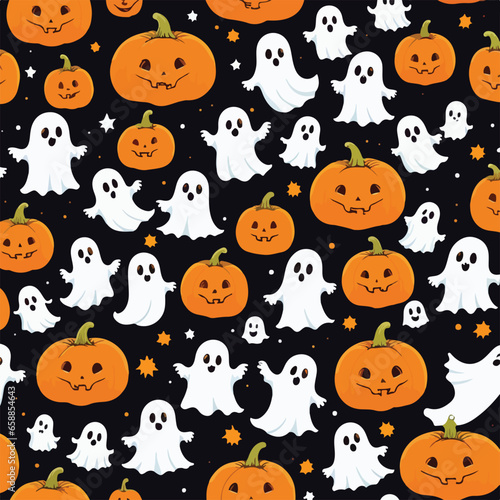 Cute halloween ghosts and pumpkins repeating pattern in vestor illustration. Spectral Pumpkins and Spirits