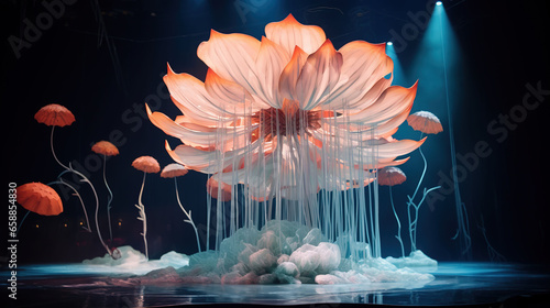 Surrealistic Dance Performance on a Giant Flowers Stage, A Captivating Extravaganza of Movement and Nature's Beauty Uniting in Unprecedented Harmony photo