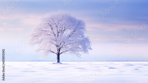 Beautiful winter landscape with a lonely snow-covered tree. AI generated.