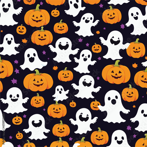 Cute halloween ghosts and pumpkins repeating pattern in vestor illustration. Ghostly Pumpkin Harvest