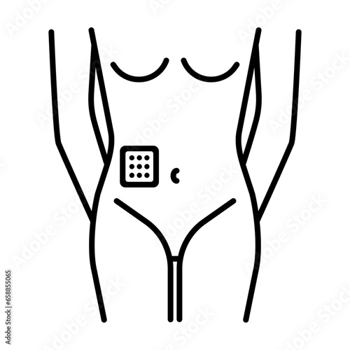 Woman with contraceptive patch applied on her body against white background