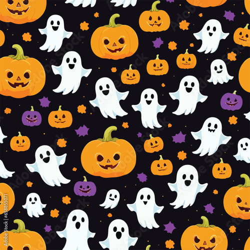 Cute halloween ghosts and pumpkins repeating pattern in vestor illustration. Pumpkin Party Phantoms