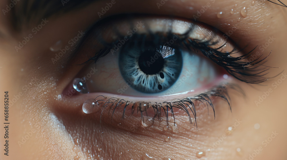 Sad woman concept - closed eyelid closeup with a teardrop on eyelashes. A tear on eyelashes macro close-up. A tear runs down his cheek. Tinted blue. - obrazy, fototapety, plakaty 