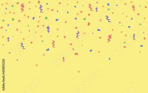 Many falling confetti on yellow background