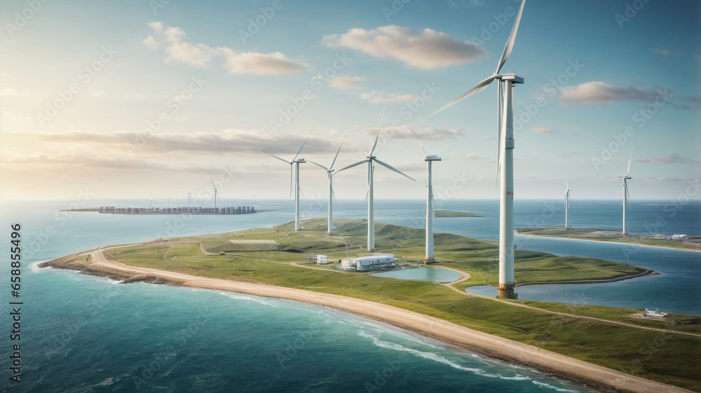 aerial view of wind generators near the sea, renewable energy, concept of Innovation and Sustainable Technology
