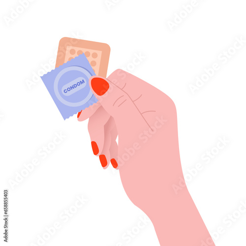 Female hand with contraceptive patch and condom on white background