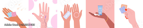 Set of female hands with different contraceptive methods