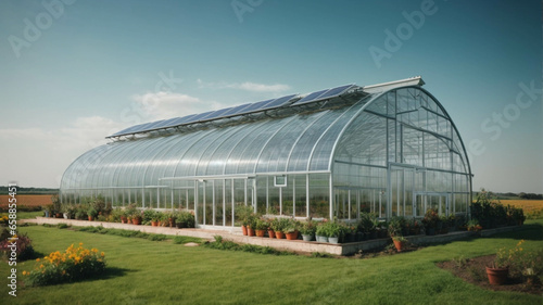Panoramic view of beautiful modern greenhouse with photovoltaic solar panel in countryside