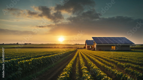 Beautiful field of photovoltaic solar panels in countryside at sunset photo
