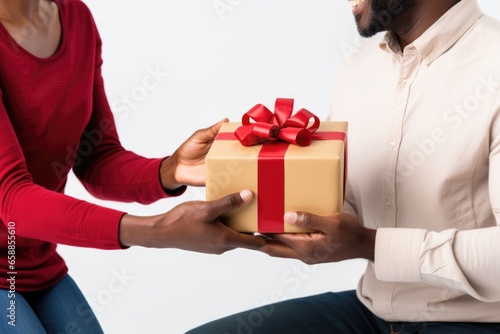 Fotografia monstrando o recebimento de um presente de natal e ano novo, foto de celebração para o final do ano,  fundo branco