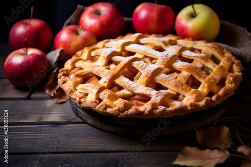 Homemade apple pie on wooden background