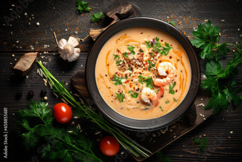 Closeup of creamy lobster and shrimps bisque soup with grilled prawn and dill in white bowl photo