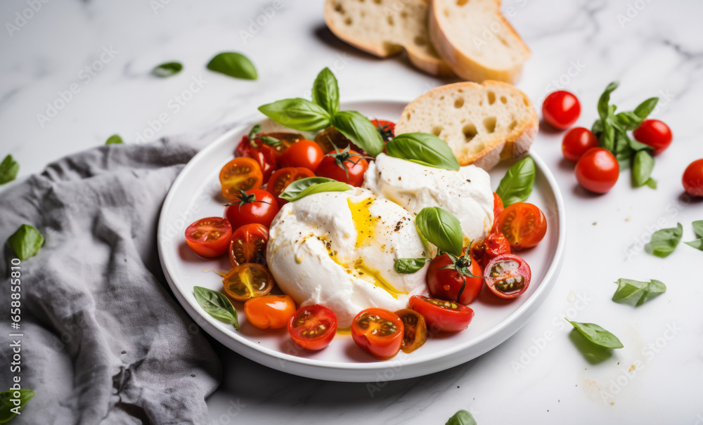 Italian burrata cheese with cherry tomatoes and basil. Salad. Healthy eating. Vegetarian food