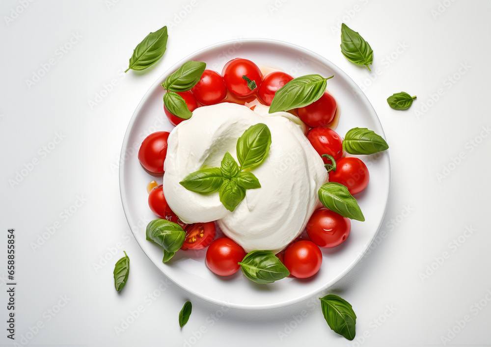 tomatoes with burrata and balsamic on white background tomatoes with burrata and balsamic on white background