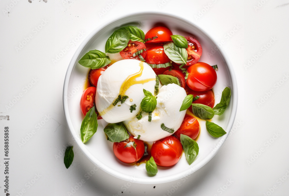 tomatoes with burrata and balsamic on white background tomatoes with burrata and balsamic on white background