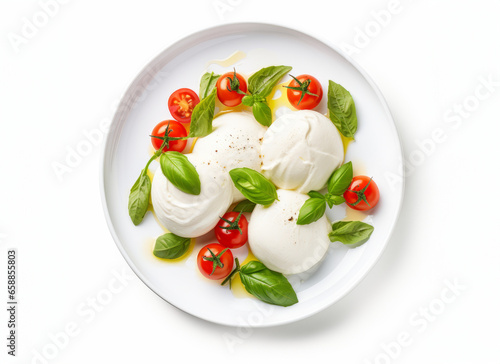 tomatoes with burrata and balsamic on white background