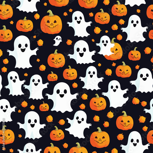 Cute halloween ghosts and pumpkins repeating pattern in vestor illustration. Spectral Pumpkins in Flight