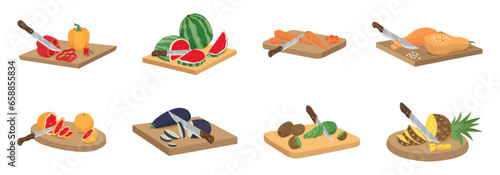 Set of cutting boars, knives, fruits and vegetables on white background