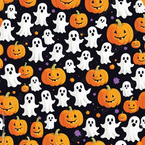 Cute halloween ghosts and pumpkins repeating pattern in vestor illustration. Pumpkin Pals and Ghostly Grins