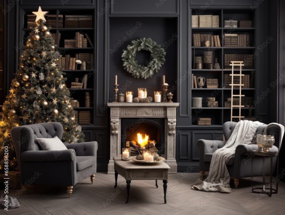 Uma sala de estar confortável e decorativa, inspirada no período de natal e ano novo, com muitos detalhes decorativos da época. Uma sala de estar confortável e decorativa, inspirada no período de natal e ano novo, com muitos detalhes decorativos da época.