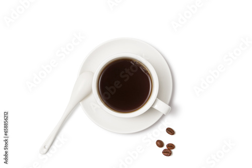 Black coffee and coffee beans on white background