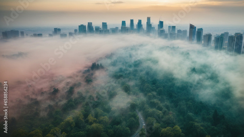Aerial view of the smog pollution layer over a metropolitan city, concept of climate change and environmental pollution