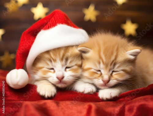 Foto de gatinhos fofinhos posando para uma foto de natal, com gorro na cabeça e muita fofura.