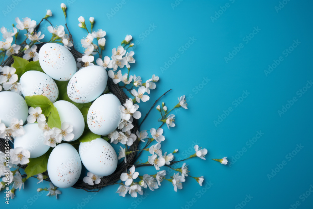 Easter frame of eggs painted in blue color with spring flowers. Flat lay, top view. Copy space for text.