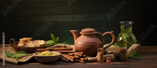 Spiced tea made with jaggery ginger cardamom and cinnamon With copyspace for text photo
