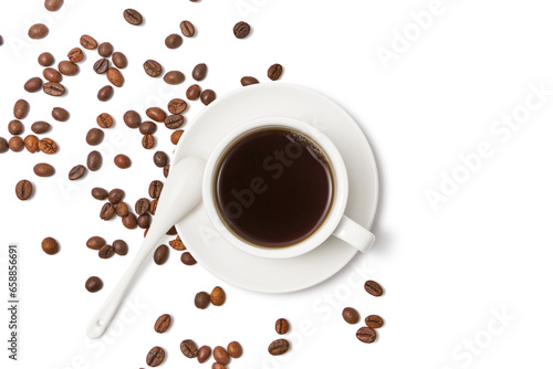 Black coffee and coffee beans on white background